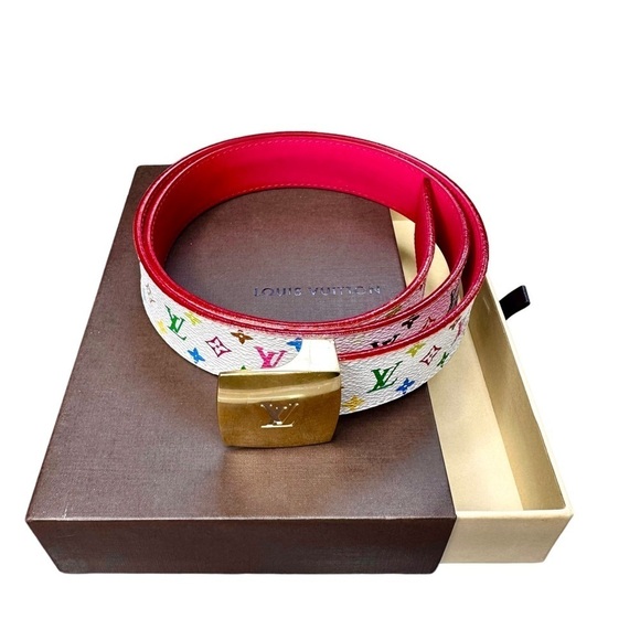 Authentic Louis Vuitton White Multicolor Murakami & Pink Leather & Gold Belt - Picture 5 of 15